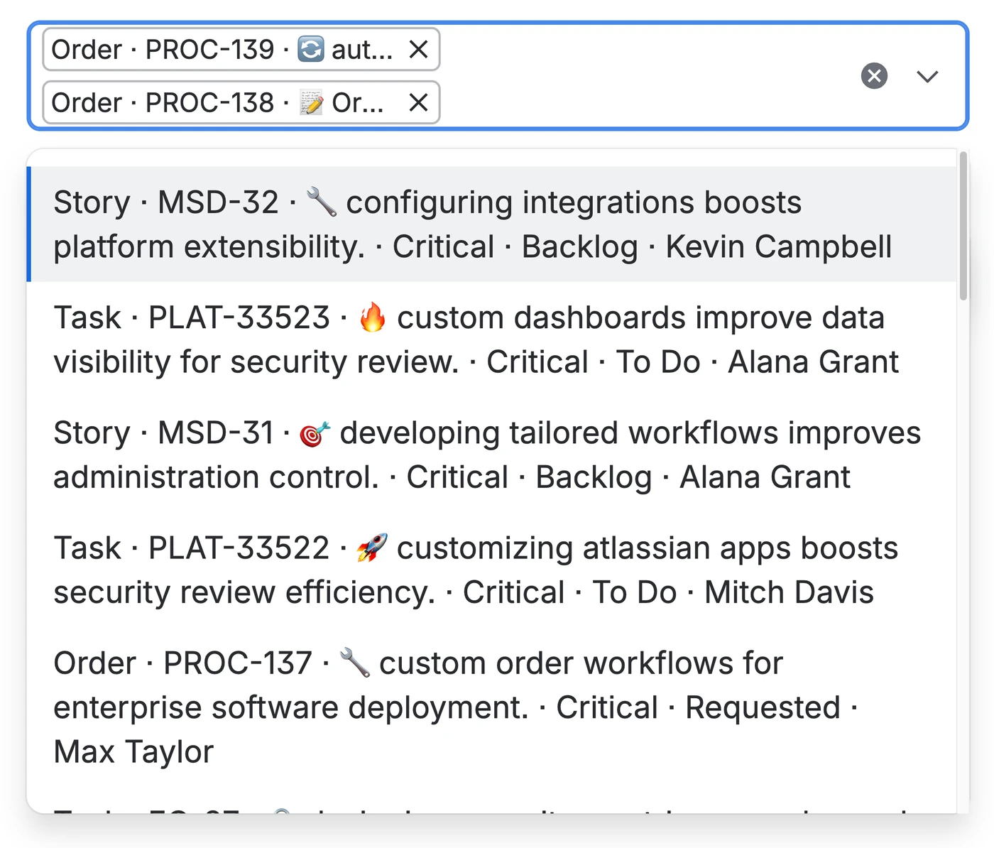The Related Work Items field open for editing: two work items selected, and the picker listing more as plain text.