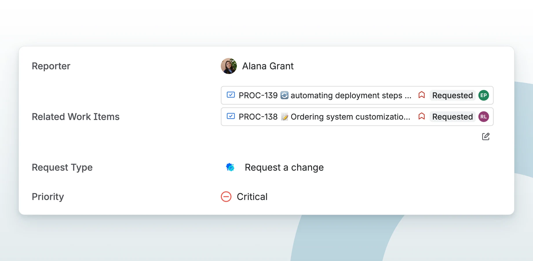 A work item whose Related Work Items field shows two selected work items as rows, each with its key, summary, priority, status and assignee.