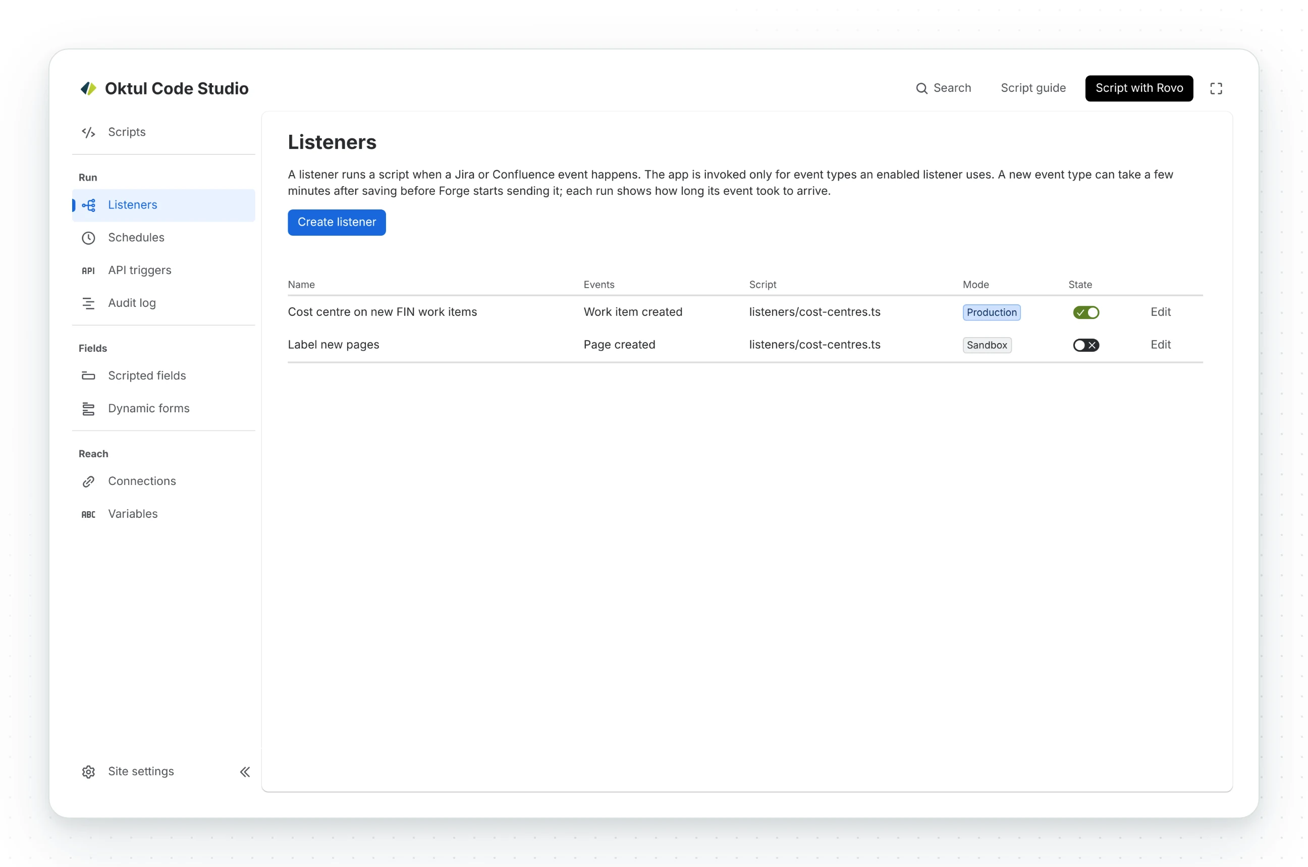 Listeners: Cost centre on new FIN work items on Work item created, in production and enabled, and Label new pages on Page created, in the sandbox and off.