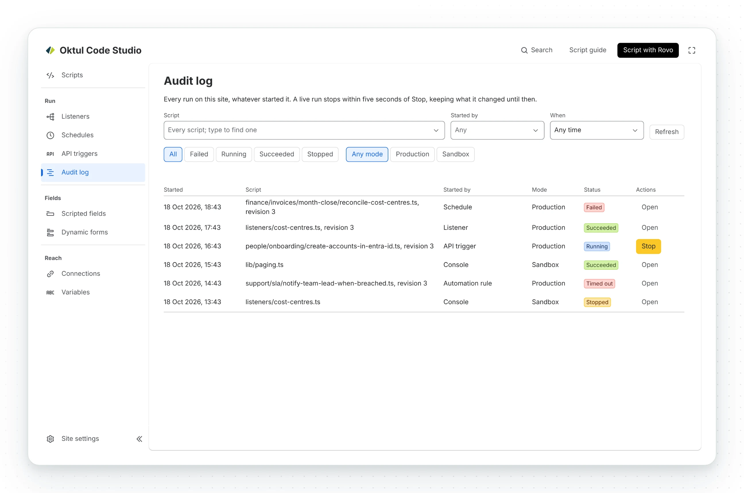 The audit log: runs started by a schedule, a listener, an API trigger, the console and an automation rule, failed, succeeded, timed out and stopped, and Stop on the one still running.