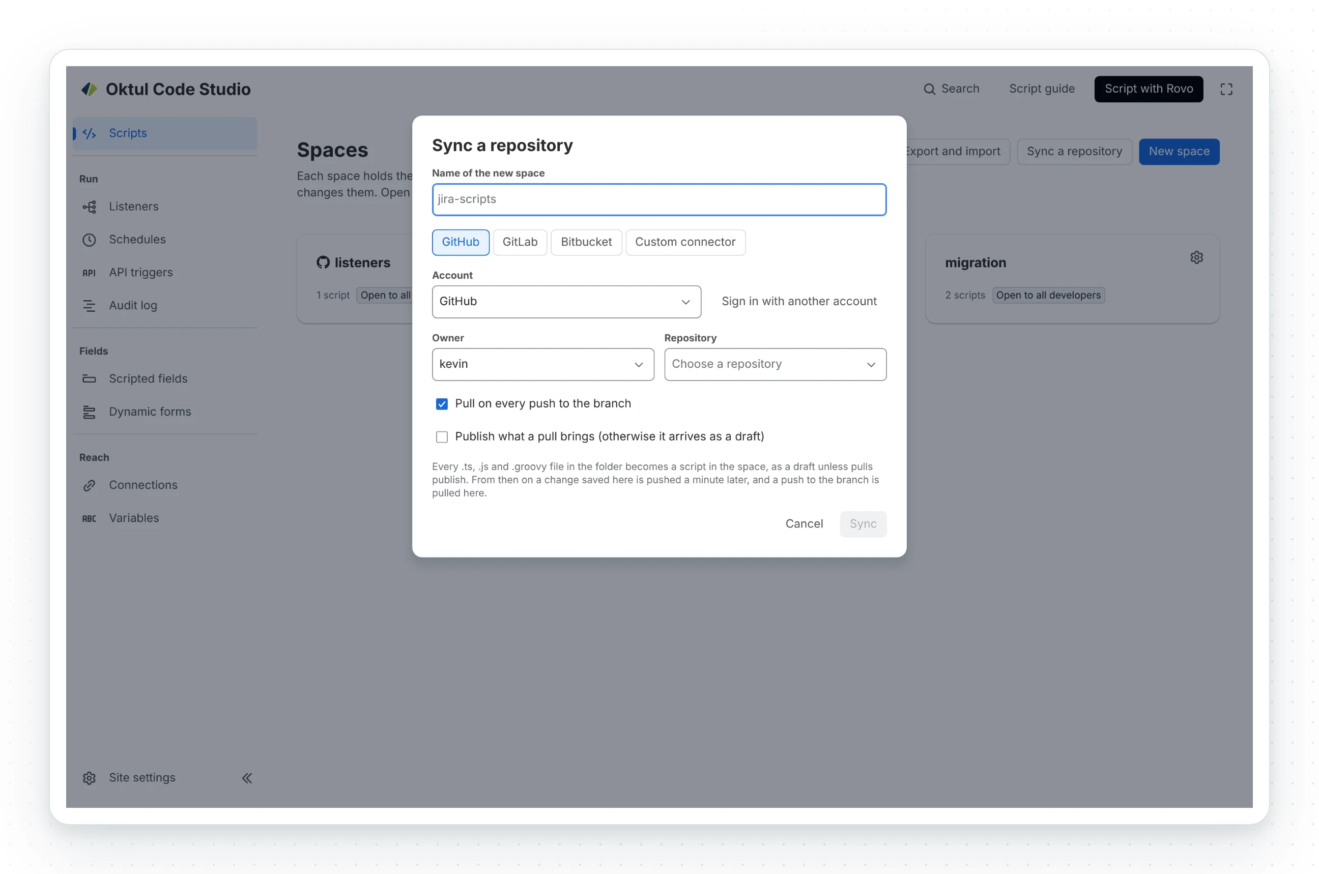 Sync a repository: GitHub, GitLab, Bitbucket or Custom connector, the account, the owner and the repository, with pulls on every push and an option to publish what a pull brings.