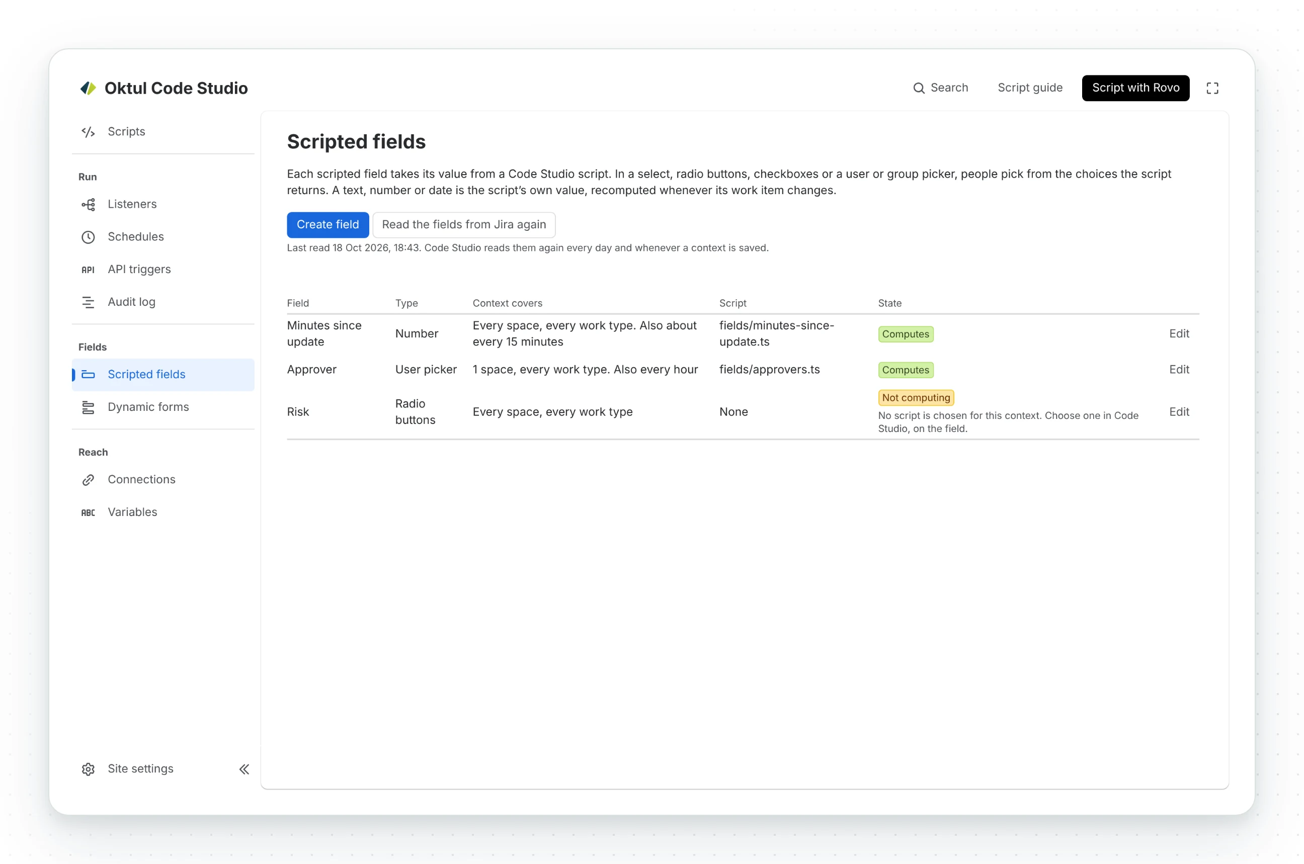 Scripted fields: Minutes since update, a number recomputed about every 15 minutes, and Approver, a user picker, both computing; Risk, radio buttons, with no script chosen yet.