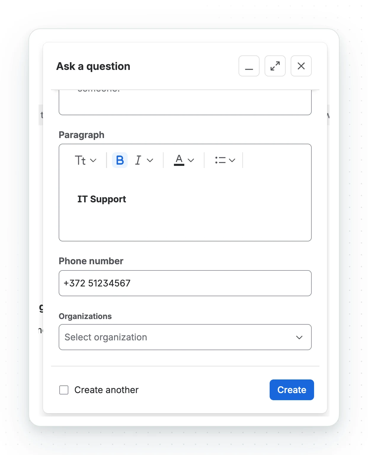 A Jira create dialog, Ask a question: the Paragraph field prefilled with the space name IT Support in bold, and the Phone number field holding +372 51234567.