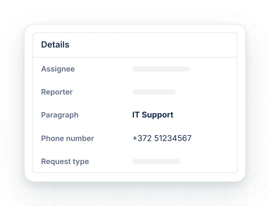 The work item's fields: Paragraph reads IT Support and Phone number reads +372 51234567.