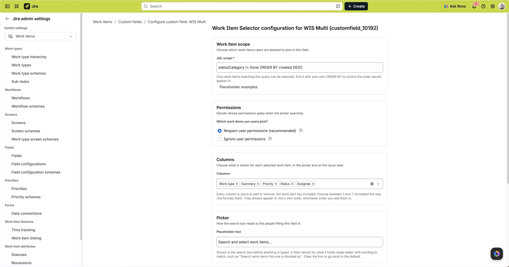 The Work Item Selector configuration screen for a field named WIS Multi. It has four sections: Work item scope holding a required JQL scope box, Permissions offering Respect user permissions or Ignore user permissions, Columns holding Work type, Summary, Priority, Status and Assignee as removable tags, and Picker holding the placeholder text shown in the search box.