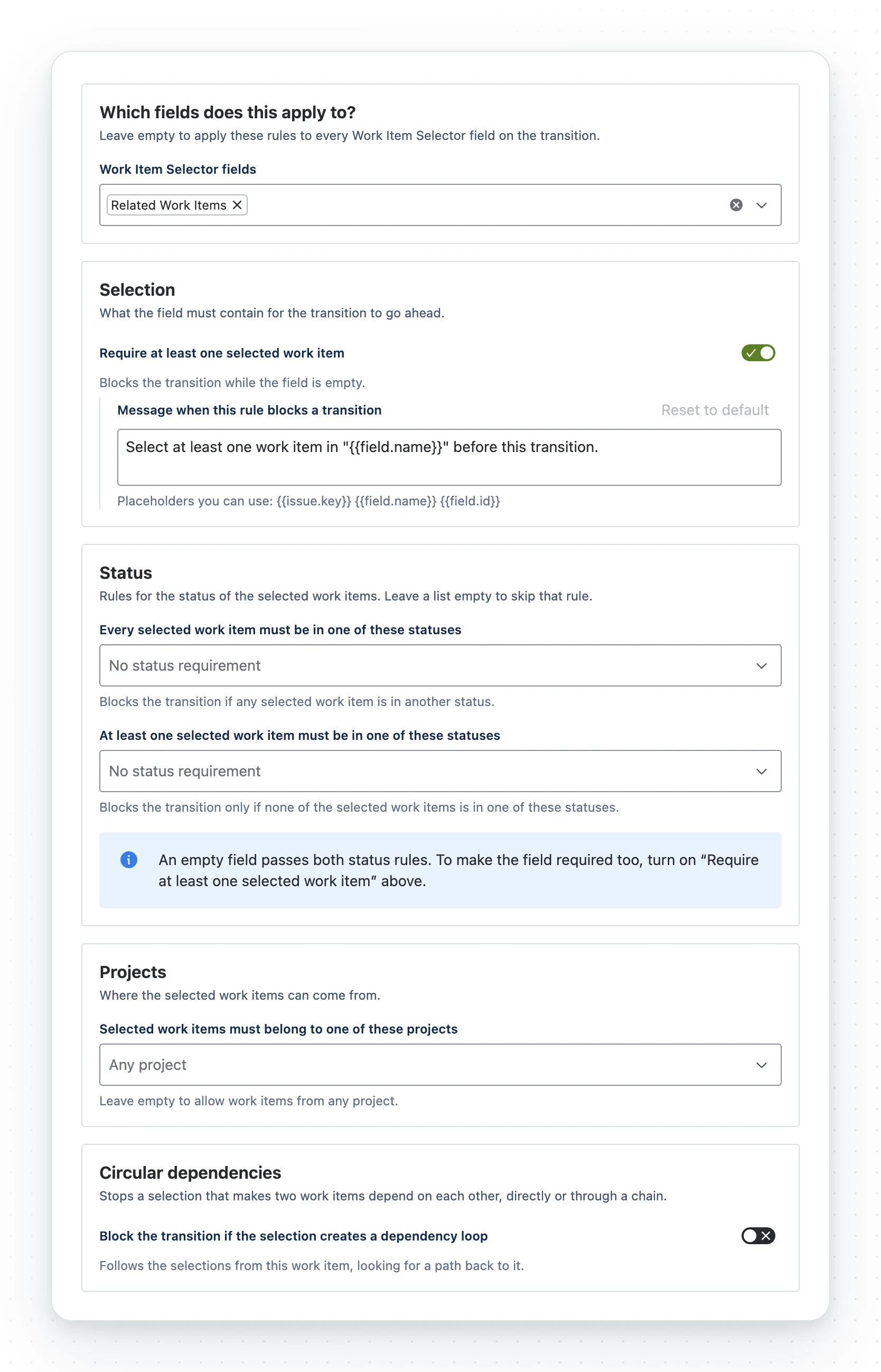 The validator's settings: which Work Item Selector fields it applies to, with Related Work Items chosen; a Selection rule requiring at least one selected work item, with its message; two Status rules; a Projects rule; and the circular dependency check, switched off.