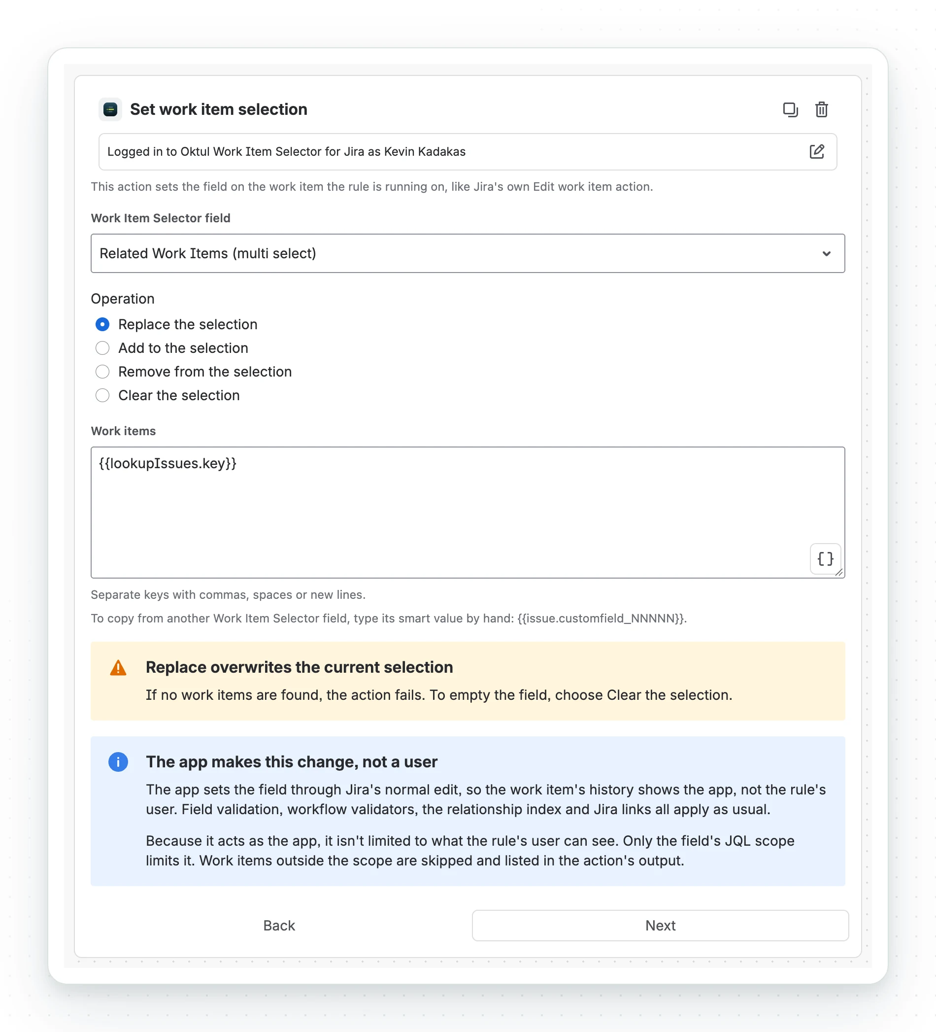 The Set work item selection action: the Work Item Selector field set to Related Work Items, the Replace, Add, Remove and Clear operations, a Work items box holding a smart value, and two notices, that Replace overwrites the current selection and that the app makes the change rather than a user.
