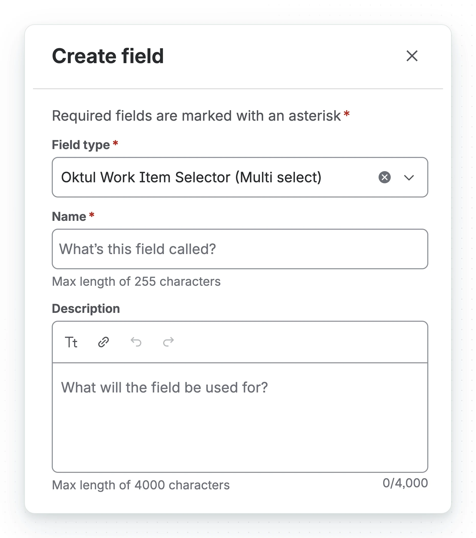 Jira's Create field dialog with Oktul Work Item Selector (Multi select) chosen as the field type, and empty Name and Description boxes.