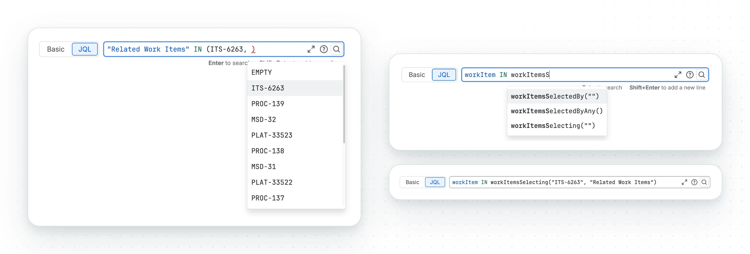 Three JQL searches: the Related Work Items field with its values offered as autocomplete, the workItemsSelectedBy, workItemsSelectedByAny and workItemsSelecting functions offered as autocomplete, and a query using workItemsSelecting with a key and a field name.