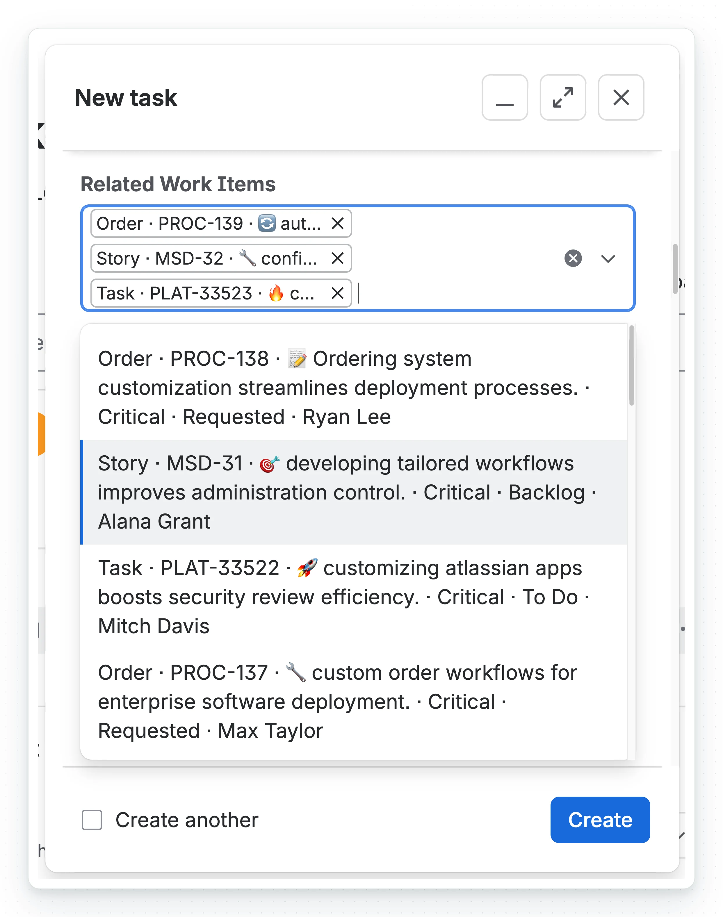 A New task dialog with three work items selected in the Related Work Items field and more listed below it as plain text.